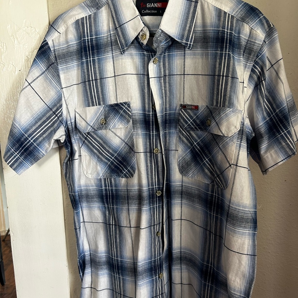 Gianni Blue Plaid Button Down Short sleeve Shirt Size L